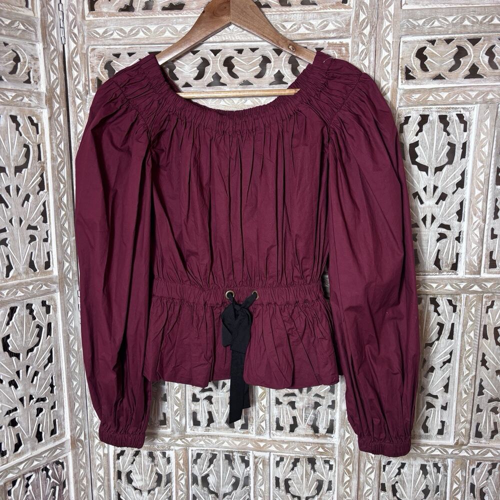 Ulla Johnson Kira Poplin Burgundy Off the Shoulder Peasant Style Blouse Size 0